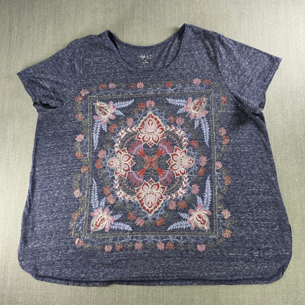Style & Co Graphic Tee Womens 2X Blue Boho Floral Mandala Scoop Neck Short Slve‎